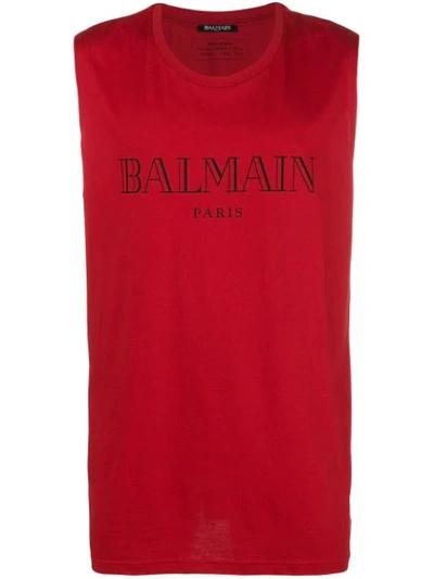 Shop Balmain Logo Print Tank Top In Red
