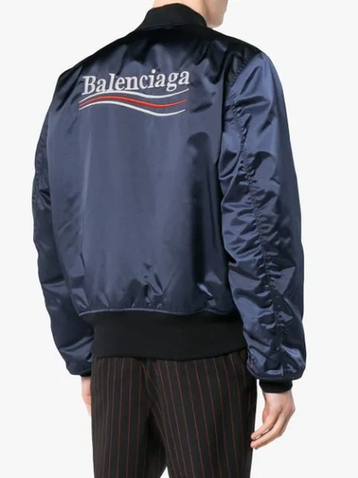 Shop Balenciaga Blue Rear Logo Embroidered Bomber