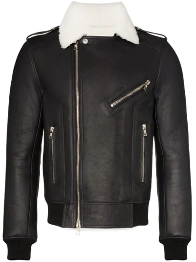 Shop Balmain Shearling Leather Biker Jacket In Black