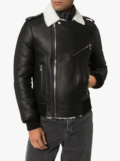 Shop Balmain Shearling Leather Biker Jacket In Black