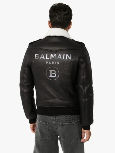 Shop Balmain Shearling Leather Biker Jacket In Black