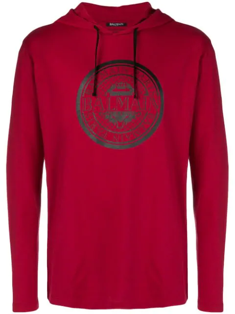 Balmain Logo Print Hoodie In Red | ModeSens