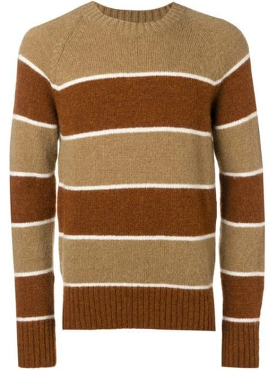 Shop Ami Alexandre Mattiussi Crew Neck Raglan Sleeves Striped Sweater In Brown