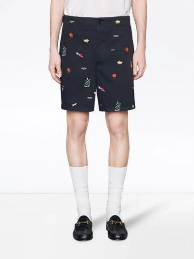 Shop Gucci Embroidered Cotton Short In Blue