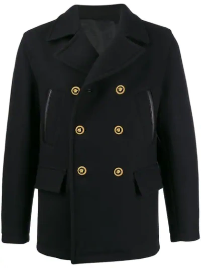 Shop Versace Double Breasted Peacoat In Blue