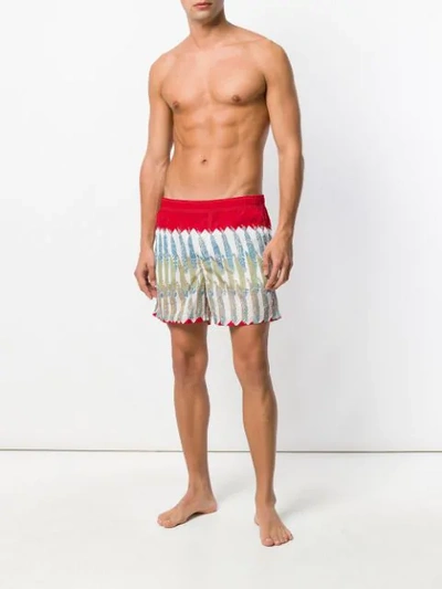 Shop Valentino Feather Print Swim Shorts In Red