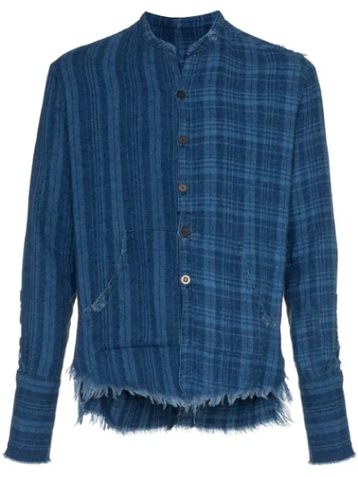 Shop Greg Lauren Checked And Pouch Detail Cotton Shirt - Blue