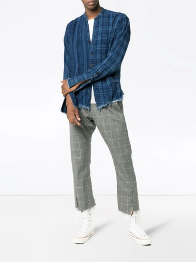 Shop Greg Lauren Checked And Pouch Detail Cotton Shirt - Blue