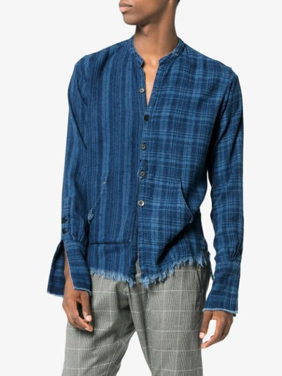 Shop Greg Lauren Checked And Pouch Detail Cotton Shirt - Blue