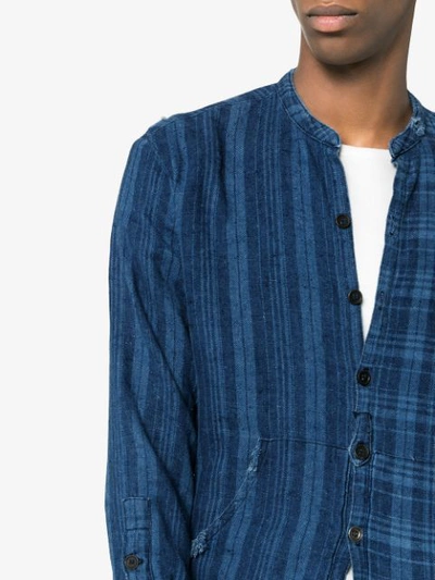 Shop Greg Lauren Checked And Pouch Detail Cotton Shirt - Blue