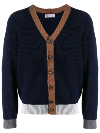 Shop Brunello Cucinelli Ribbed Cardigan In Blue