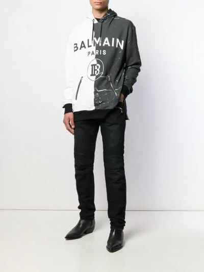 Shop Balmain Panelled Logo Print Hoodie In White