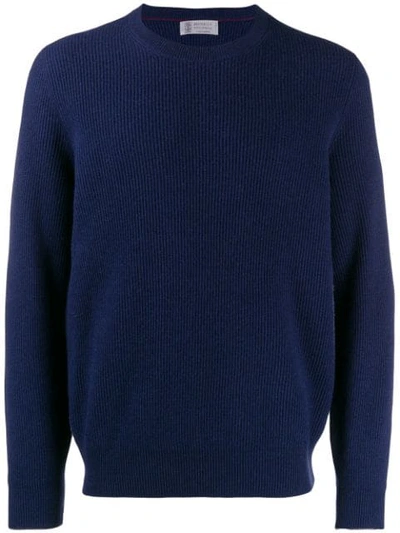 Shop Brunello Cucinelli Ribbed Crew Neck Jumper In Blue