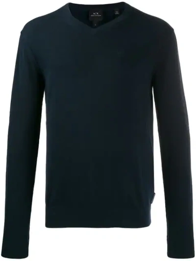 Shop Armani Exchange Embroidered Logo Knit Sweater In Blue