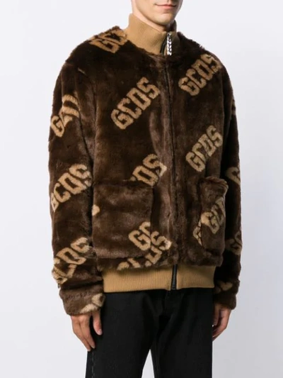 Shop Gcds Faux Fur Logo Jacket In Brown