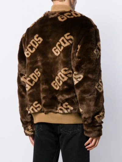 Shop Gcds Faux Fur Logo Jacket In Brown