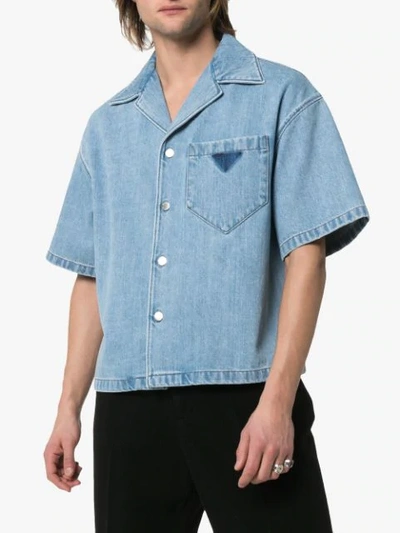 Shop Prada Short Sleeve Denim Shirt In Blue