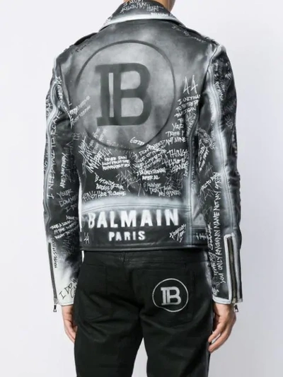 Shop Balmain Graffiti Print Leather Jacket In Black