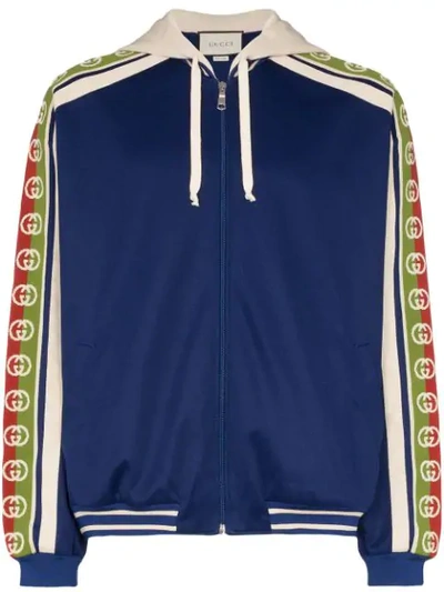 Shop Gucci Logo Tape Zip-front Bomber Jacket In Blue
