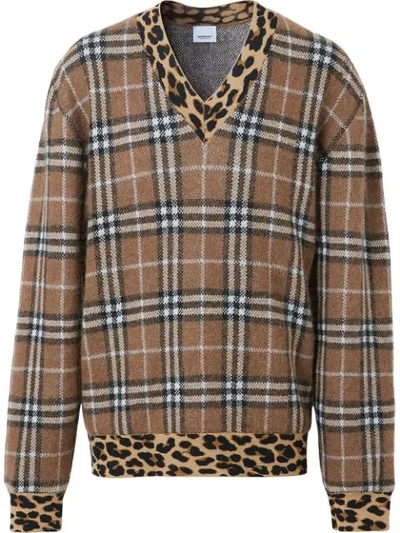 BURBERRY CHECKED AND LEOPARD-PRINT JUMPER - 棕色