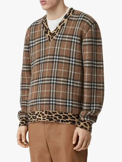 BURBERRY CHECKED AND LEOPARD-PRINT JUMPER - 棕色