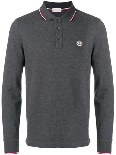 Shop Moncler Long Sleeve Logo Polo Shirt In Grey