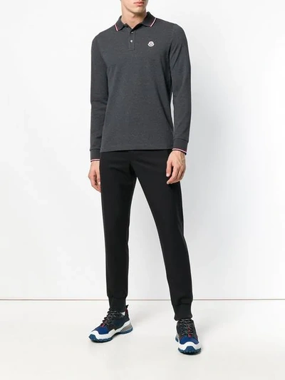 Shop Moncler Long Sleeve Logo Polo Shirt In Grey