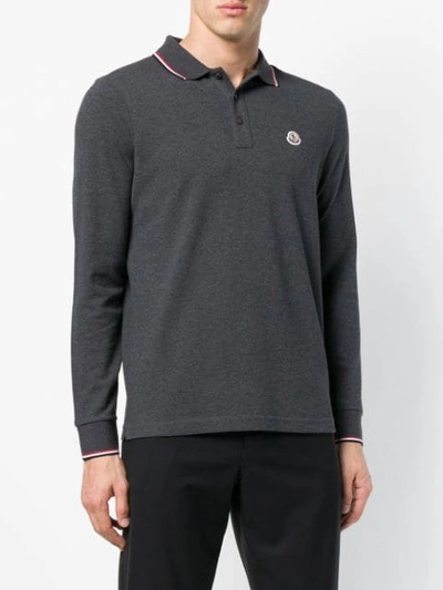 Shop Moncler Long Sleeve Logo Polo Shirt In Grey