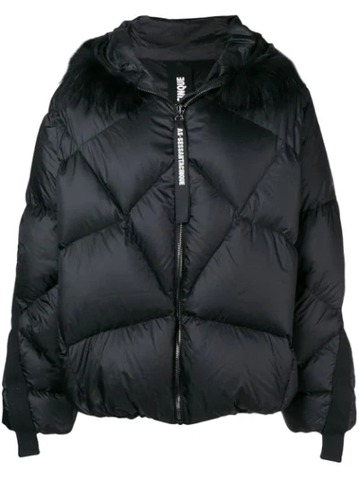 Shop As65 Fox Fur Hooded Short Coat - Black