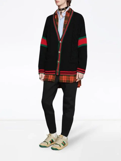 Shop Gucci Oversize Cable Knit Wool Cardigan In Black