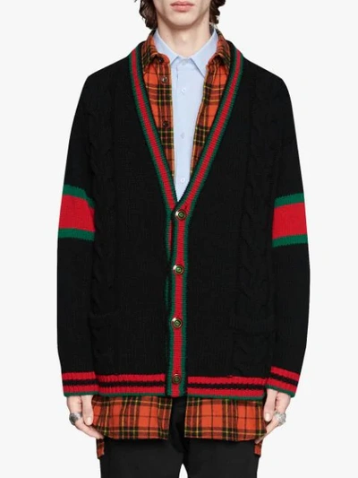 Shop Gucci Oversize Cable Knit Wool Cardigan In Black