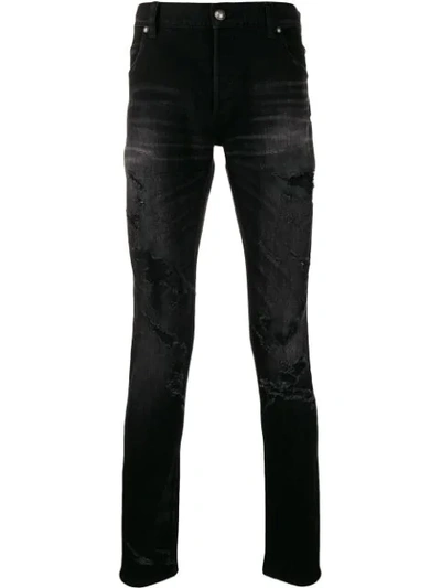 Shop Balmain Distressed Slim-fit Jeans In Black