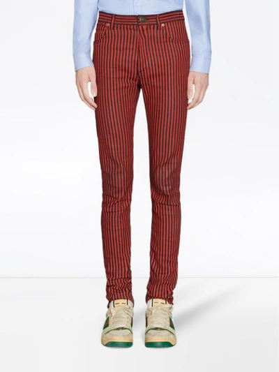 Shop Gucci Super Skinny Denim Pant With Stripes In Red