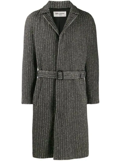 Shop Saint Laurent Belted Wool Overcoat In Black
