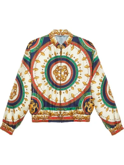 Shop Gucci Printed Silk Bomber Jacket In 3361 White
