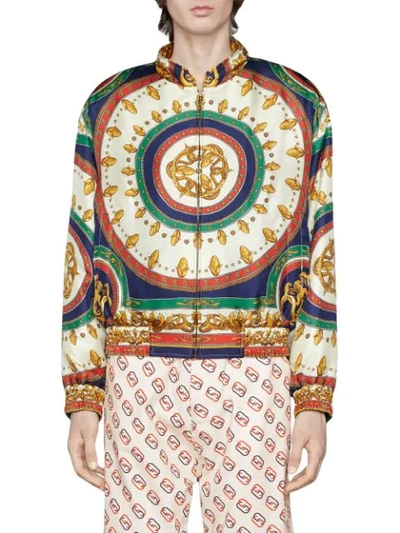 Shop Gucci Printed Silk Bomber Jacket In 3361 White