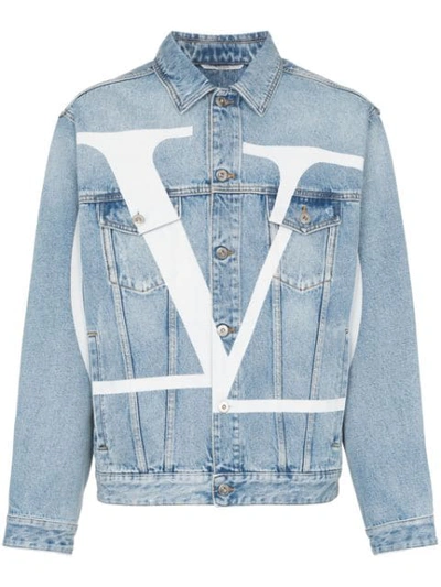 Shop Valentino Maxi Vlogo Detail Denim Jacket In Blue