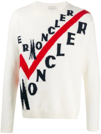 Shop Moncler Logo Ribbed Crew Neck Jumper In White