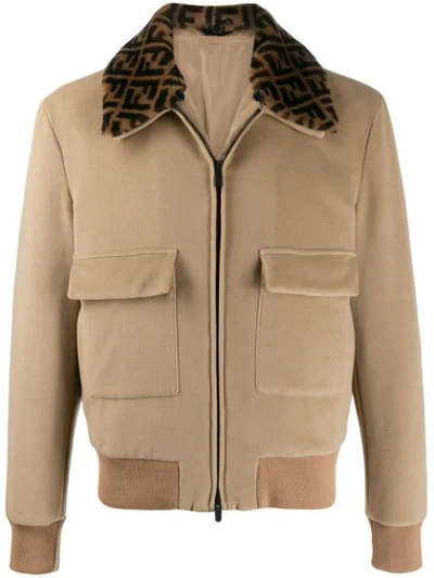 Shop Fendi Logo Collar Bomber Jacket In Brown