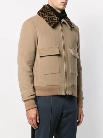 Shop Fendi Logo Collar Bomber Jacket In Brown