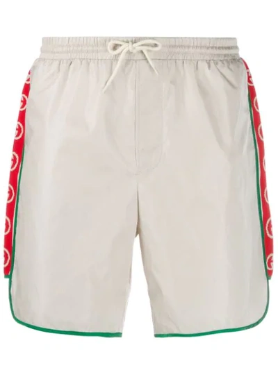 Shop Gucci Nylon Swim Shorts With Logo Stripe In 9135 White