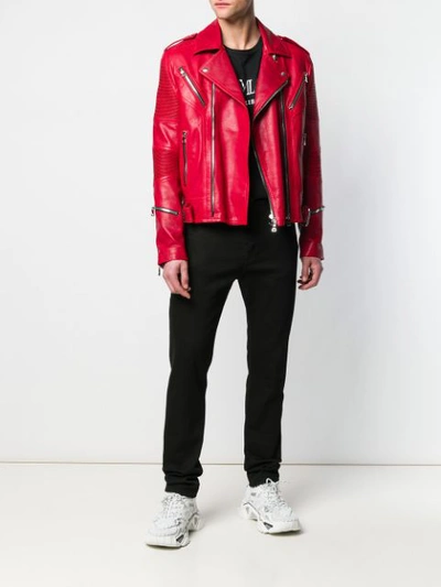 Shop Balmain Zip Detail Biker Jacket In Red