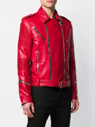 Shop Balmain Zip Detail Biker Jacket In Red