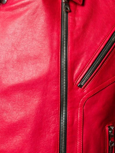 Shop Balmain Zip Detail Biker Jacket In Red