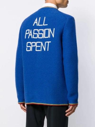 Shop Gucci Slogan Knit Cardigan In Blue