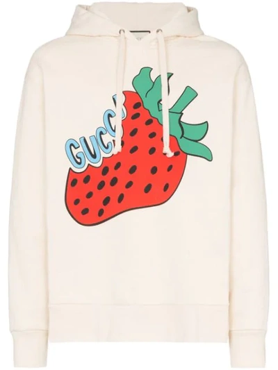 Shop Gucci Strawberry Print Cotton Hoodie In White