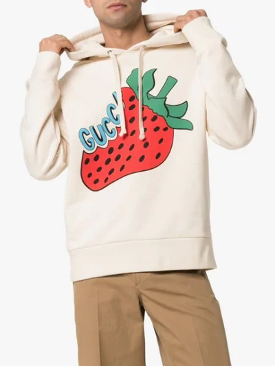 Shop Gucci Strawberry Print Cotton Hoodie In White