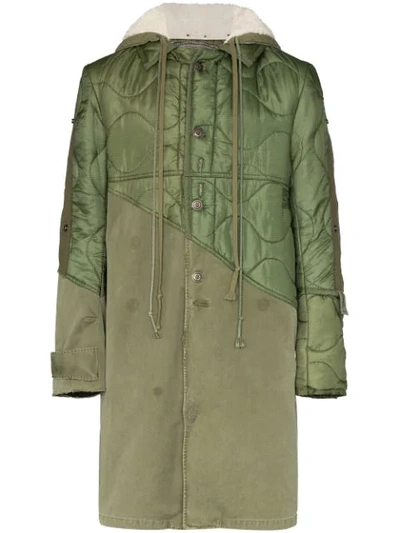 Shop Greg Lauren Panelled Hooded Coat In Green