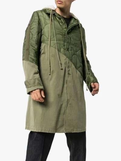 Shop Greg Lauren Panelled Hooded Coat In Green