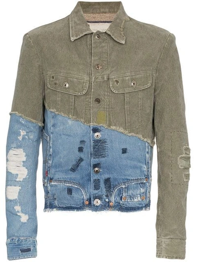 Shop Greg Lauren Denim Panel Distressed Cotton Jacket In Green